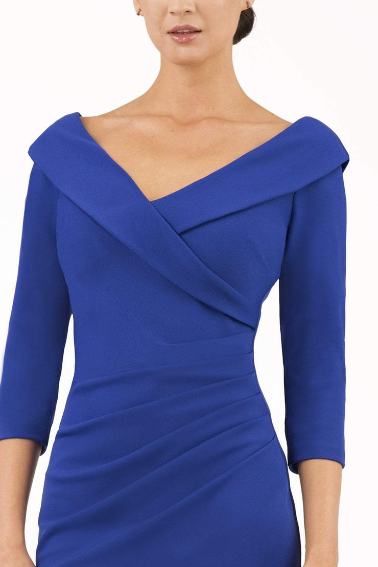 model is wearing diva catwalk eliza sleeved pencil dress with collared v-neck in royal blue close up