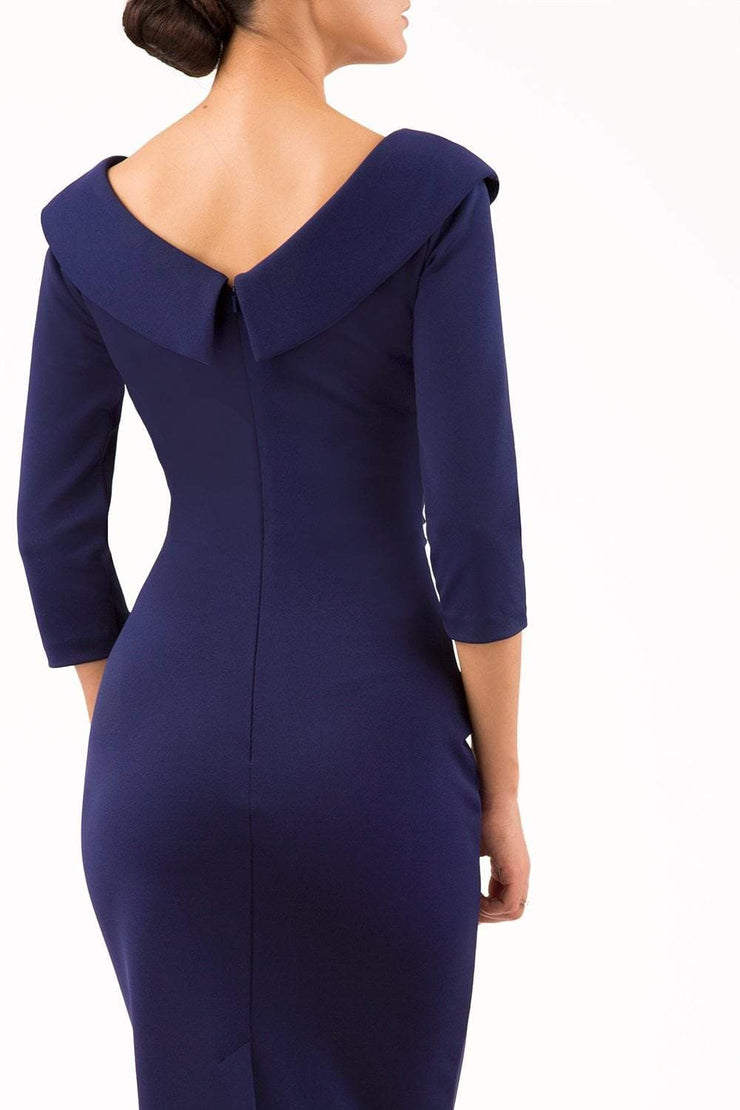 model is wearing diva catwalk eliza sleeved pencil dress with collared v-neck in navy back close up