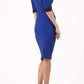 blonde model is wearing diva catwalk fellini sweetheart neckline fitted pencil dress with sleeves with cuff in colour royal blue with black contrasting detail back