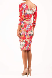 model wearing Symphony Marcella Red Summer Floral Sleeved Pencil dress in print back