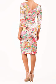model wearing Symphony Marcella Tearose Floral Sleeved Pencil dress in print back