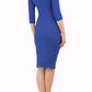 model wearing diva catwalk helston royal blue pencil dress with sleeves and cut out detail on the neckline back