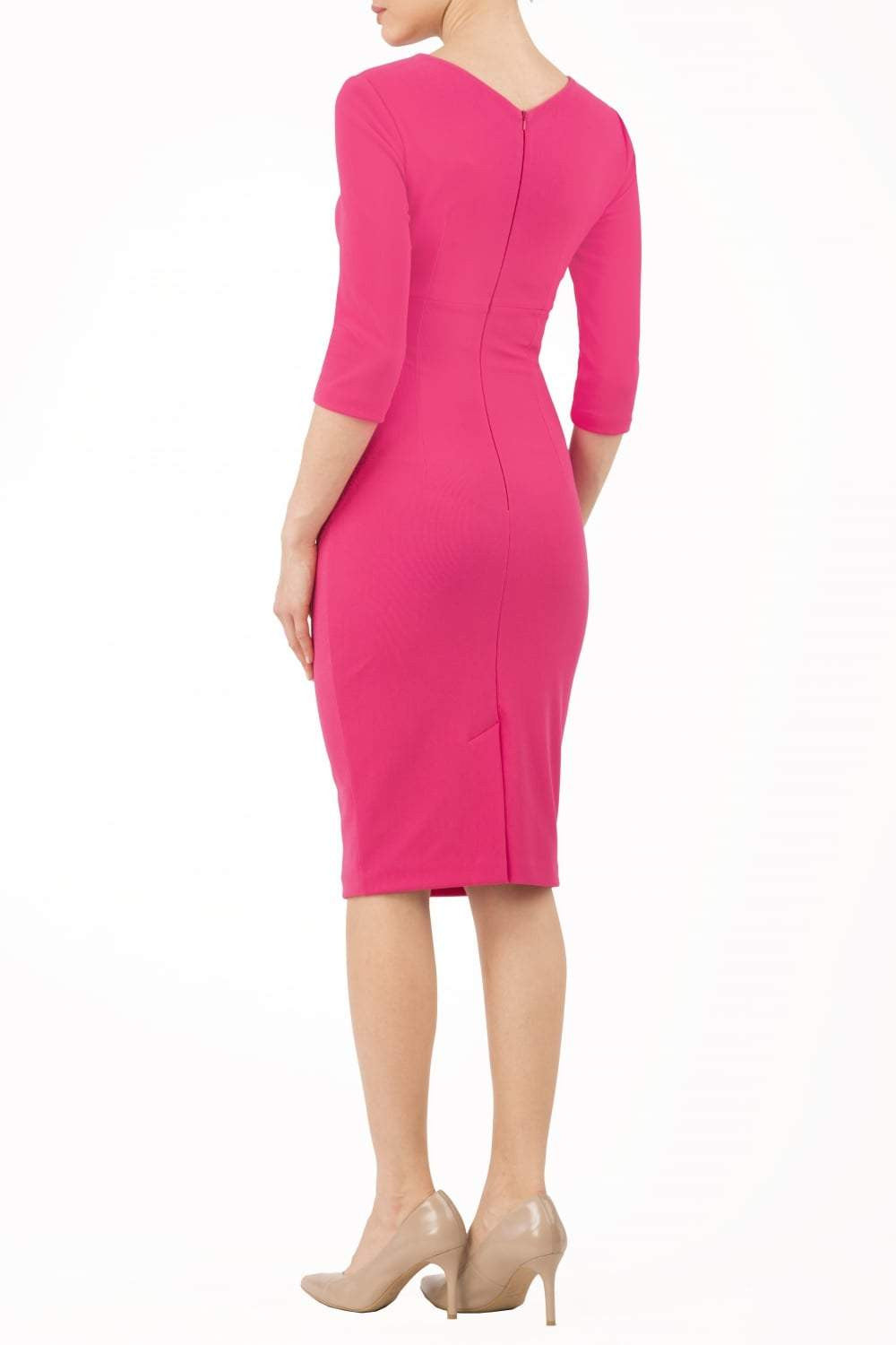 model wearing diva catwalk helston pink pencil dress with sleeves and cut out detail on the neckline back