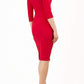 model wearing diva catwalk helston red pencil dress with sleeves and cut out detail on the neckline back