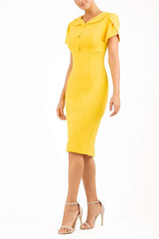 Short puffed sleeve peter pan collar button pencil dress by diva catwalk in yellow front