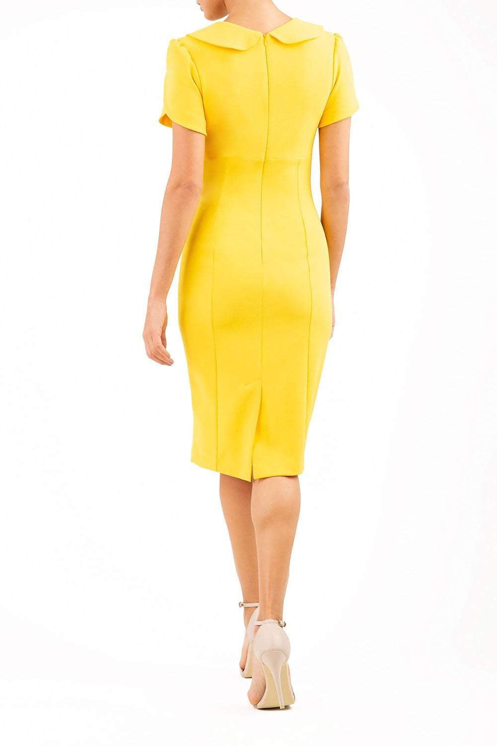 Short puffed sleeve peter pan collar button pencil dress by diva catwalk in yellow back
