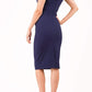 Model wearing the Diva Cloud Luxury Moss Crepe dress with cold shoulder design in navy back image