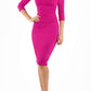 brunette model wearing diva catwalk best selling lydia pencil sleeved dress with slit at the neckline and pleating across the tummy in colour magenta pink front