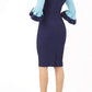 Model wearing the Diva Lyonia Pencil dress in pencil dress design in navy blue and sky blue back image
