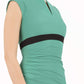 brunette model wearing diva catwalk nadia sleeveless pencil dress in emerald green colour with a contrasting black band and exposed zip at the back with a rounded neckline with a slit  in the middle front