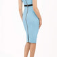 brunette model wearing diva catwalk nadia sleeveless pencil dress in sky blue colour with a contrasting black band and exposed zip at the back with a rounded neckline with a slit  in the middle back
