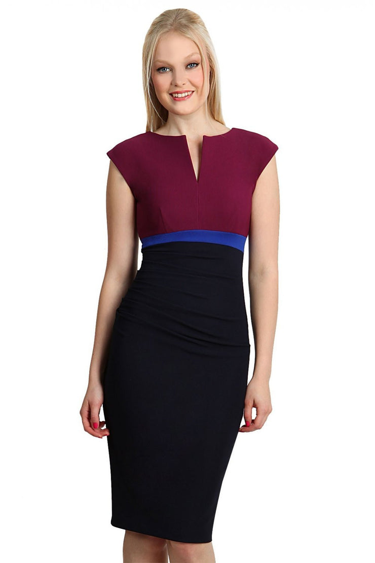 model wearing diva catwalk nadia colour block pencil-skirt dress in navy blue and wine red and cobalt blue front