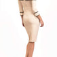 A Model is wearing an off shoulder three quarter sleeve pencil dress in cream by diva catwalk