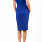 model wearing diva catwalk primula pencil skirt dress in pink with pleating on one side and sleeveless design in colour royal blue back