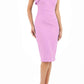 brunette model wearing diva catwalk rosita pencil skirt fitted dress with asymmetric neckline and bow detail at the top and it is a sleeveless design  with empire waistline in pink front