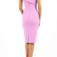brunette model wearing diva catwalk rosita pencil skirt fitted dress with asymmetric neckline and bow detail at the top and it is a sleeveless design  with empire waistline in pink back