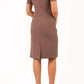 brunette model wearing diva catwalk tregony a-line dress with lowered v-neckline in brown and short sleeves back