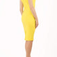 blonde model is wearing diva catwalk vivian sleeveless pencil skirt dress with overlapped bust area and lowered neckline in blazing yellow colour side