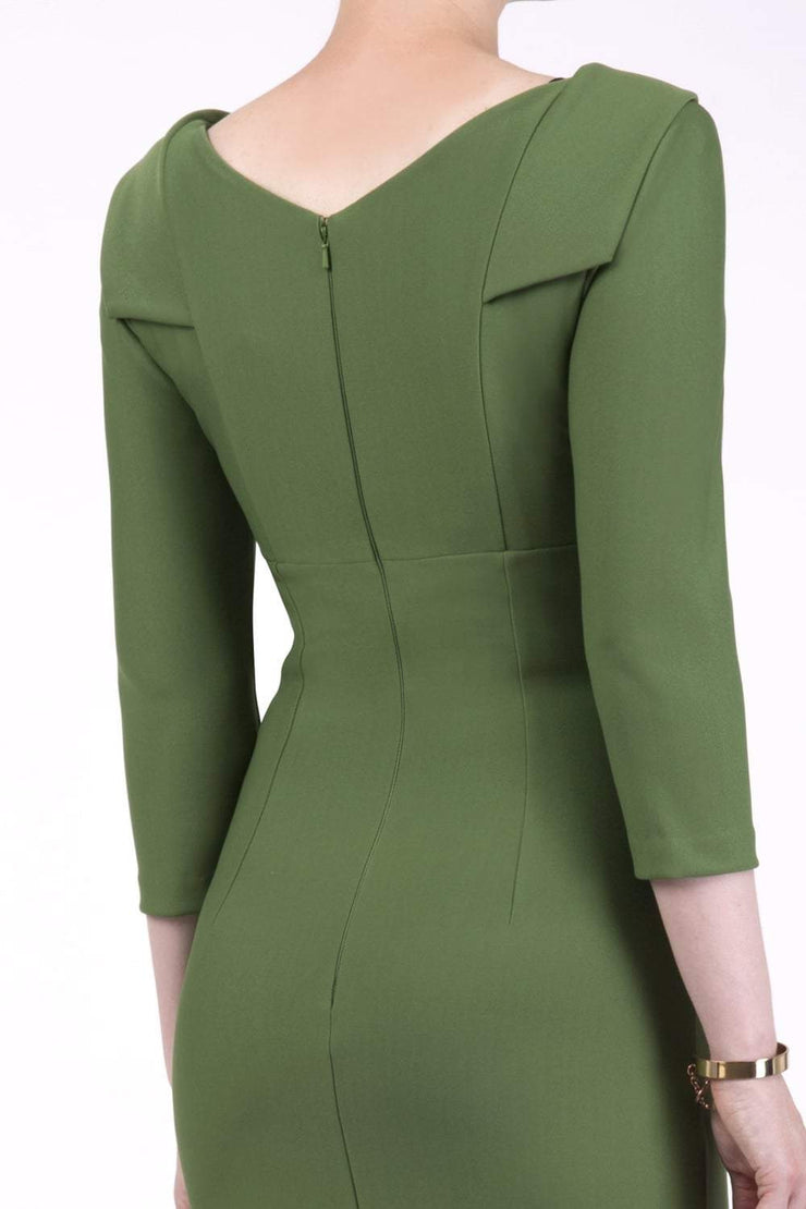 model wearing diva catwalk york pencil-skirt dress with sleeves and rounded folded collar and plearing across the tummy area in vineyard green colour back