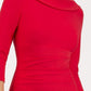 model wearing diva catwalk york pencil-skirt dress with sleeves and rounded folded collar and plearing across the tummy area in electric red colour front