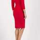 model wearing diva catwalk york pencil-skirt dress with sleeves and rounded folded collar and plearing across the tummy area in electric red colour back