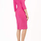 model wearing diva catwalk york pencil-skirt dress with sleeves and rounded folded collar and plearing across the tummy area in hibiscus pink colour back