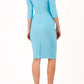 model wearing diva catwalk york pencil-skirt dress with sleeves and rounded folded collar and plearing across the tummy area in sky blue colour back