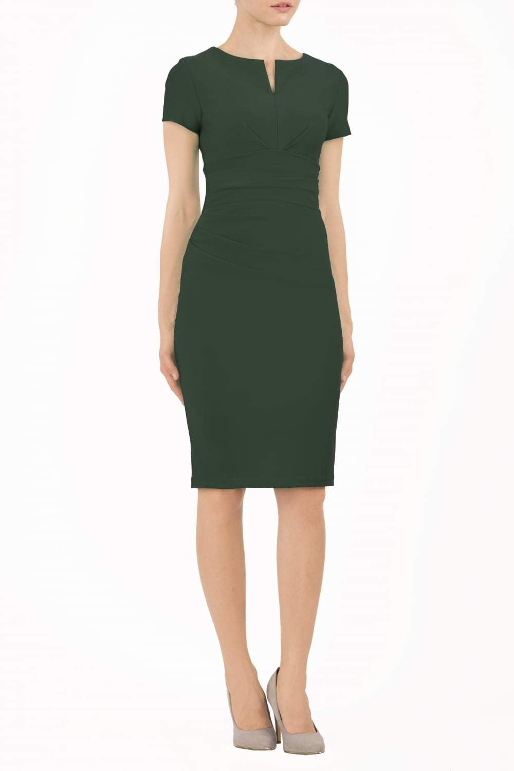 Model wearing Diva Catwalk Donna Short Sleeve Pencil Dress with a wide band and pleating across the tummy area in Forest Green  front