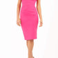 Model wearing Diva Catwalk Donna Short Sleeve Pencil Dress with a wide band and pleating across the tummy area in Hibiscus Pink front