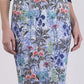 Model wearing the Diva Faith Print skirt in pencil skirt design in water garden print front image
