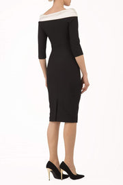 model is wearing diva catwalk pencil dress with contrasting asymmetric satin neckline in black back