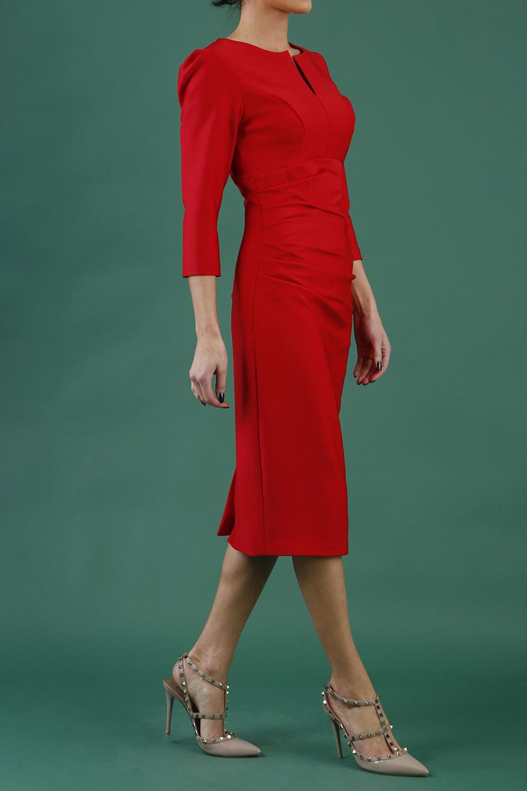 model is wearing diva catwalk seed fitzrovia sleeved pencil dress in salsa red back