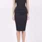 Model wearing the Diva Banbury gathered dress in bodycon pencil dress design in black front