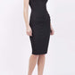 Model wearing the Diva Banbury gathered dress in bodycon pencil sleeveless dress design in black front