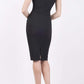 Model wearing the Diva Banbury gathered dress in bodycon pencil sleeveless low v-neckline dress design in black back