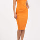 Model wearing the Diva Banbury gathered dress in bodycon pencil dress design in sun orange front