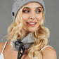 blonde model is wearing diva catwalk rappa soft neck warmer in grey front paired with diva grey hat