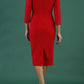 model is wearing diva catwalk kelso sleeved pencil dress with shoulder cut out and rounded high neck in electric red back