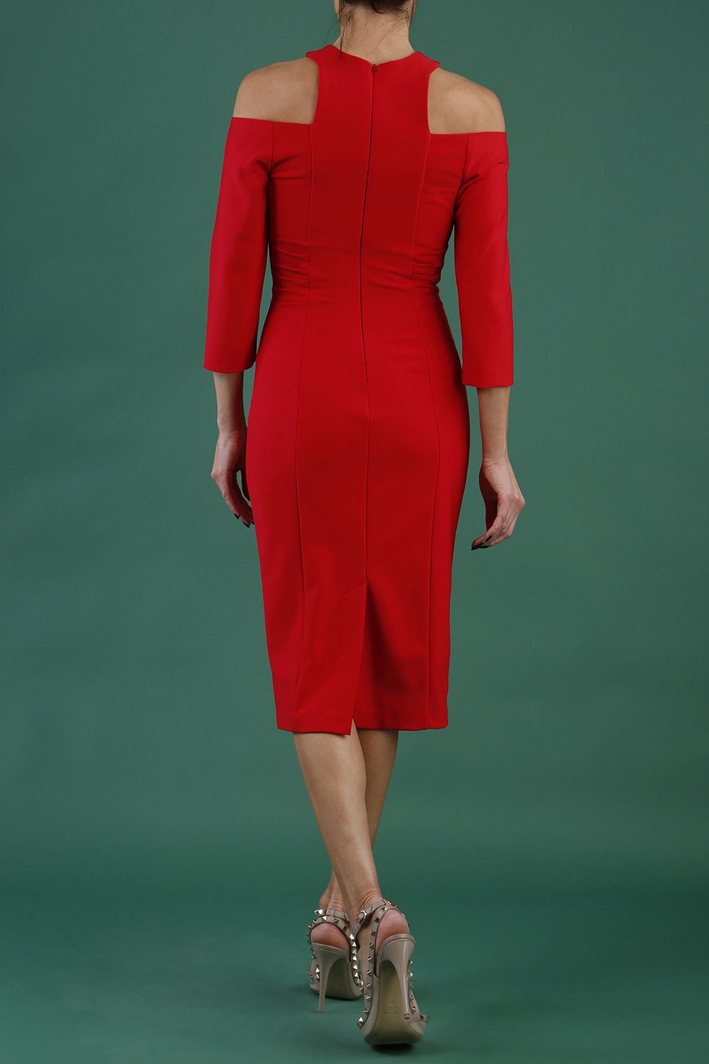 model is wearing diva catwalk kelso sleeved pencil dress with shoulder cut out and rounded high neck in electric red back