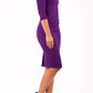 model is wearing diva catwalk quatro sleeved pencil dress with asymmetric wide cut our neckline in purple front