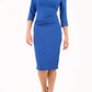 model is wearing diva catwalk quatro sleeved pencil dress with asymmetric wide cut our neckline in royal blue front