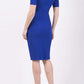 model is wearing diva catwalk lydia short sleeve pencil fitted dress in royal blue colour with rounded neckline with a slit in the middle back