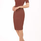 model is wearing diva catwalk lydia short sleeve pencil fitted dress in brown colour with rounded neckline with a slit in the middle back