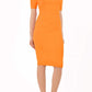 model is wearing diva catwalk lydia short sleeve pencil fitted dress in sun orange colour with rounded neckline with a slit in the middle back