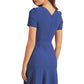 model is wearing diva catwalk madison a-line dress with square neckline and short sleeve in riviera blue back