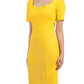 model wearing diva catwalk mitzi short sleeve pencil dress with square frilled neckline in freesia yellow front 