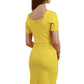 model wearing diva catwalk mitzi short sleeve pencil dress with square frilled neckline in freesia yellow back