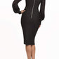 brunette model wearing diva catwalk black pencil dress with long sleeves knee length and mesh detail sleeves back