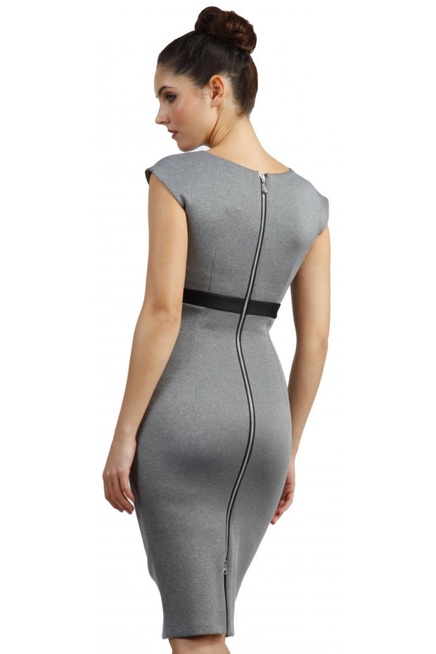 blonde model is wearing dive catwalk nadia sleeveless contrast band pencil-skirt dress with rounded neckline with a slit in the middle in grey back