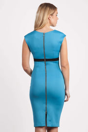 blonde model is wearing dive catwalk nadia sleeveless contrast band pencil-skirt dress with rounded neckline with a slit in the middle in blue back